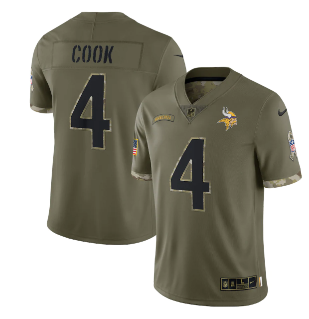 Men's Minnesota Vikings #4 Dalvin Cook Olive 2022 Salute To Service Limited Stitched Jersey Men's Minnesota Vikings #4 Dalvin Cook Olive 2022 Salute To Service Limited Stitched Jersey